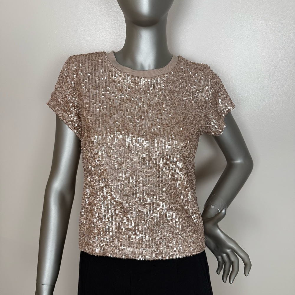 Sequin Embellished Women's Top - Gold Beige-Short Sleeve-Cropped-Lined Stretch